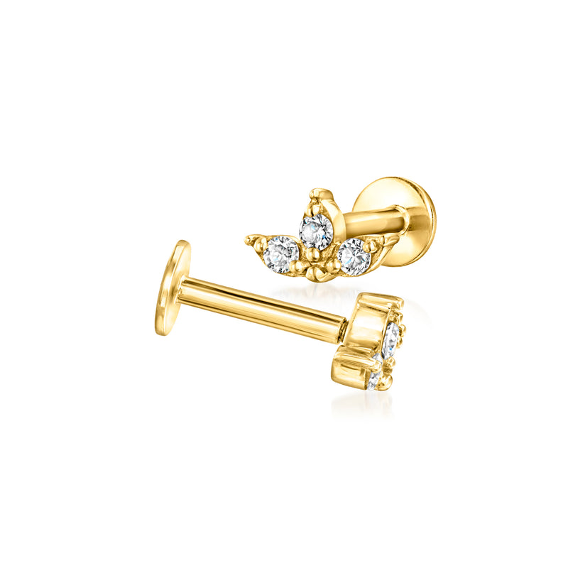14kt yellow gold three-stone diamond stud earrings, visible flat-back posts