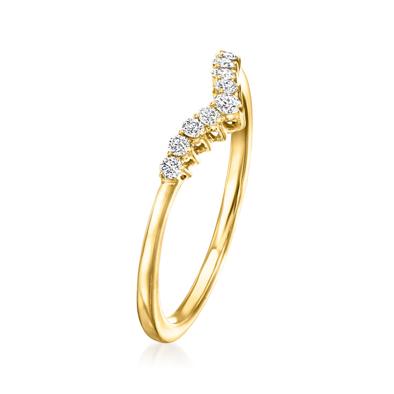 14kt yellow gold chevron diamond ring, side view with V motif stones
