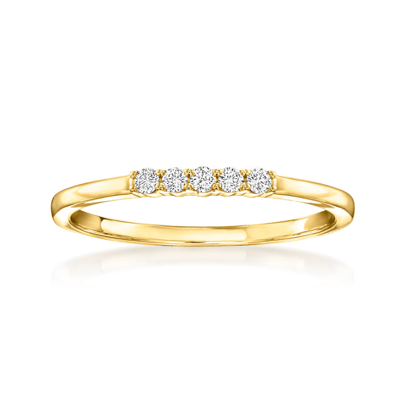 14kt yellow gold five-stone diamond ring with five round stones across the band