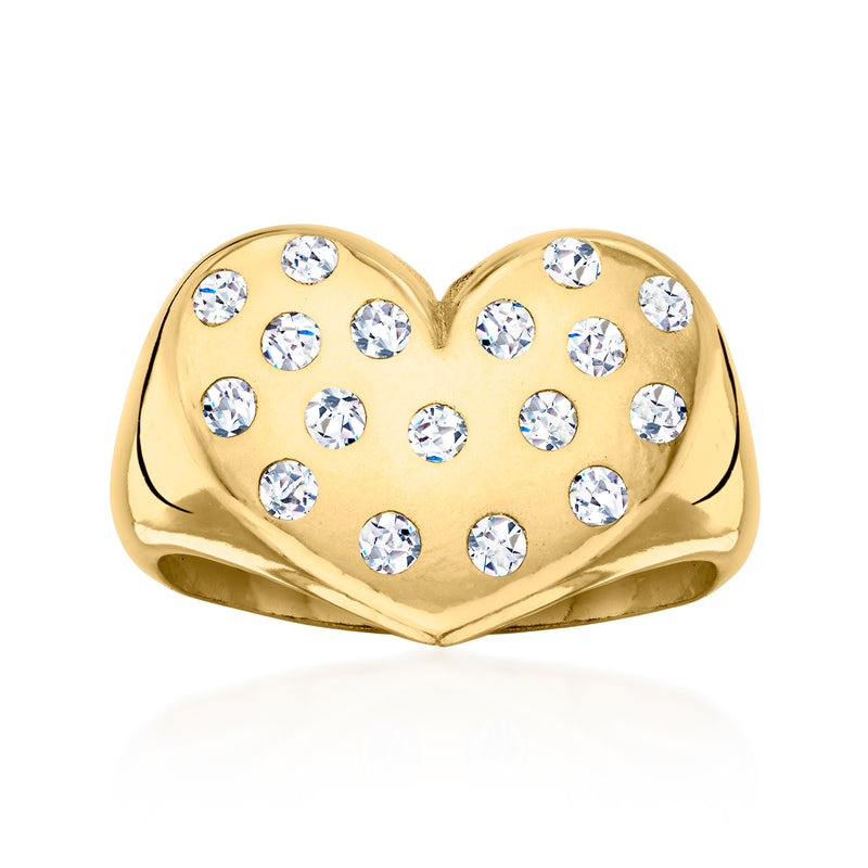 Gold over sterling CZ heart ring with twelve round clear stones, open heart design