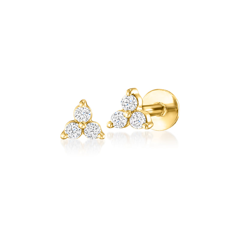 Lab-grown diamond three-stone stud earrings in 14kt yellow gold, front view