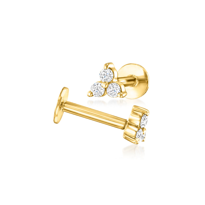 14kt yellow gold three-stone diamond stud earrings with round stones, flat back