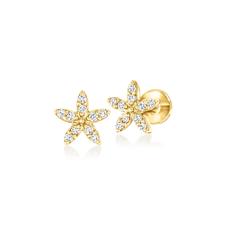 14kt yellow gold diamond flower stud earring with flat back, prong-set stones
