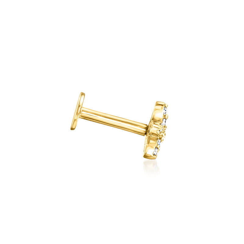 14kt yellow gold flat-back stud earring with diamond flower face, side view