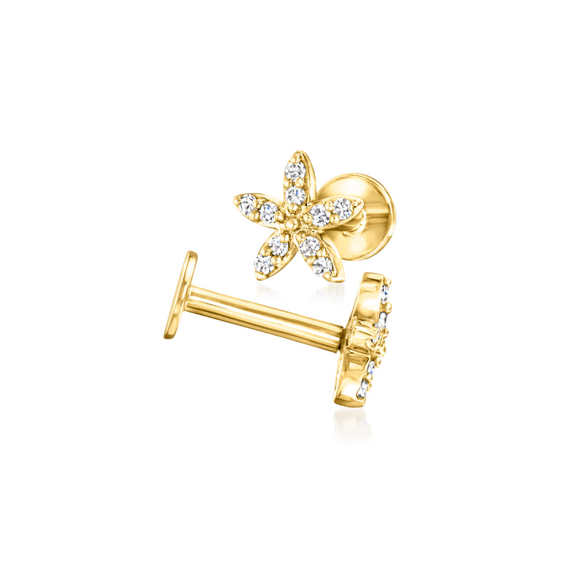 14kt yellow gold diamond flower stud earring, post and backing visible