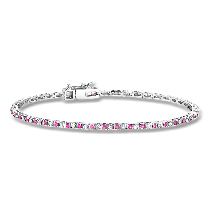 Sterling silver tennis bracelet with pink rubies and clear lab-grown diamonds