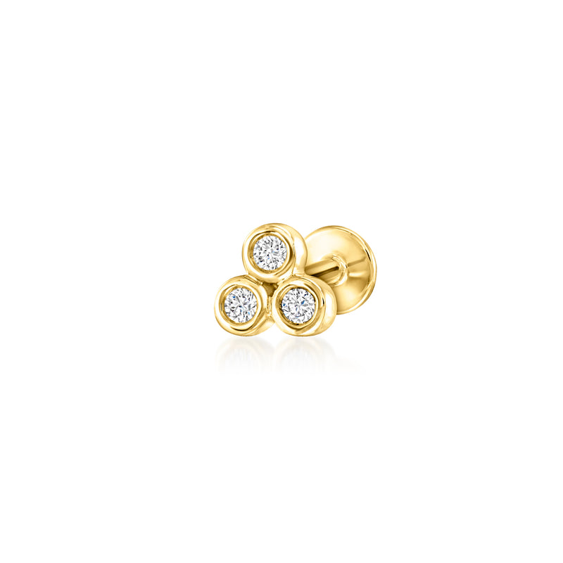 14kt yellow gold three-stone round diamond stud earrings with flat backs