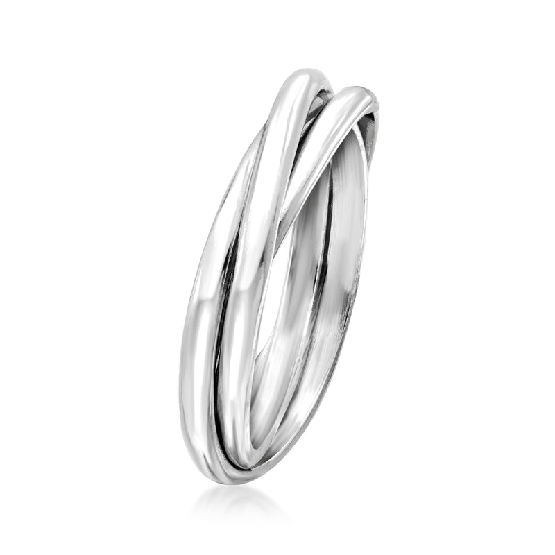 Sterling silver rolling ring, side view of smooth twisted bands