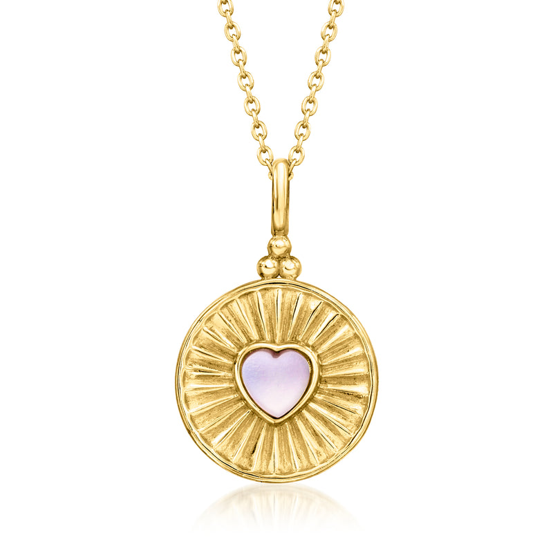 Gold heart pendant necklace with lavender heart center and sunburst frame