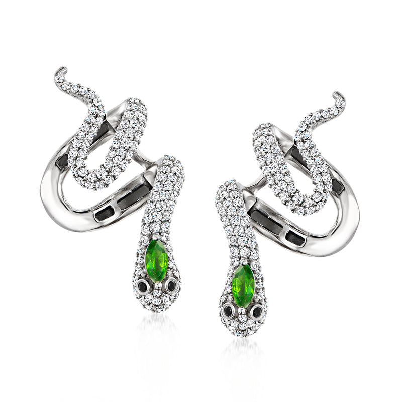 Sterling silver snake ear cuffs with white topaz, green chrome diopside, and black spinels