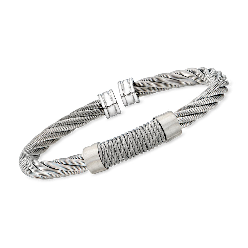 Men's twisted stainless steel cable cuff bracelet with gray metal clasp and spring detail