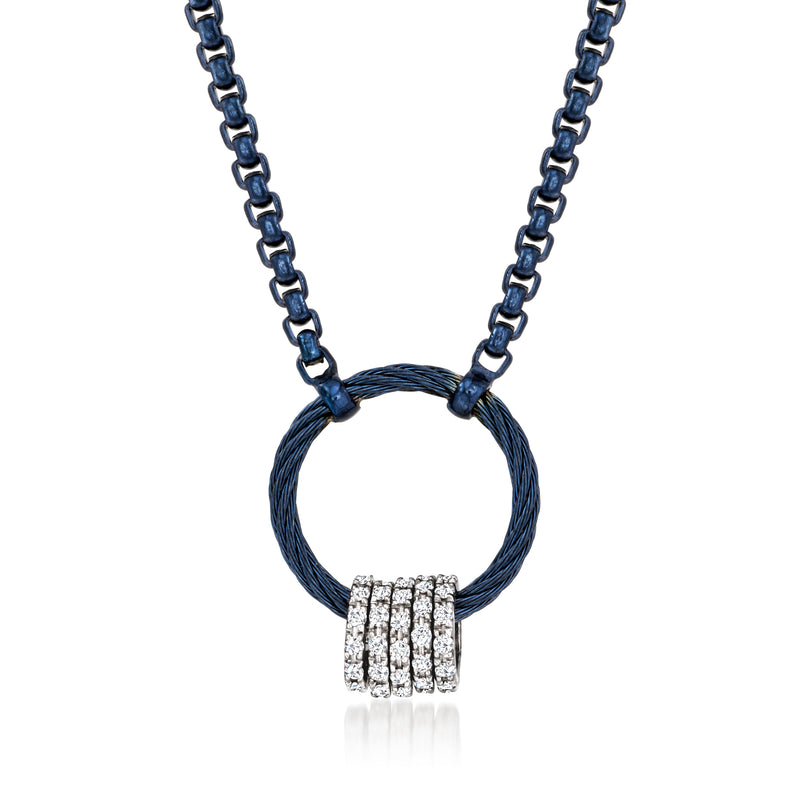 ALOR blue cable circle necklace with square white-gold diamond frame pendant