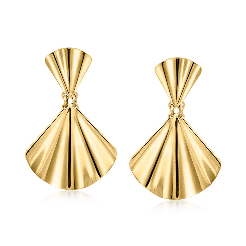 Gold-tone double-fan drop earrings with ridged fan shapes and hook closures