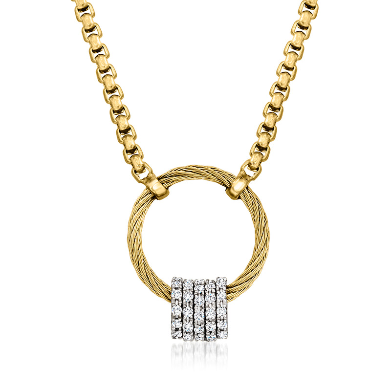 Gold cable circle necklace with diamond square pendant and link chain