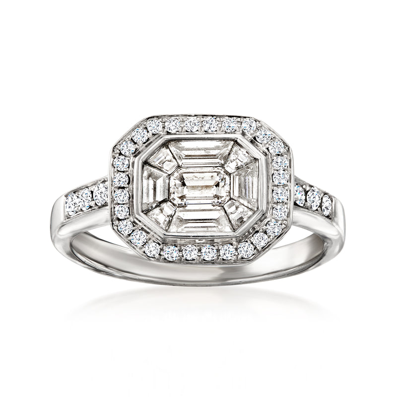 Diamond cluster ring with emerald-cut center and baguette halo, white gold band