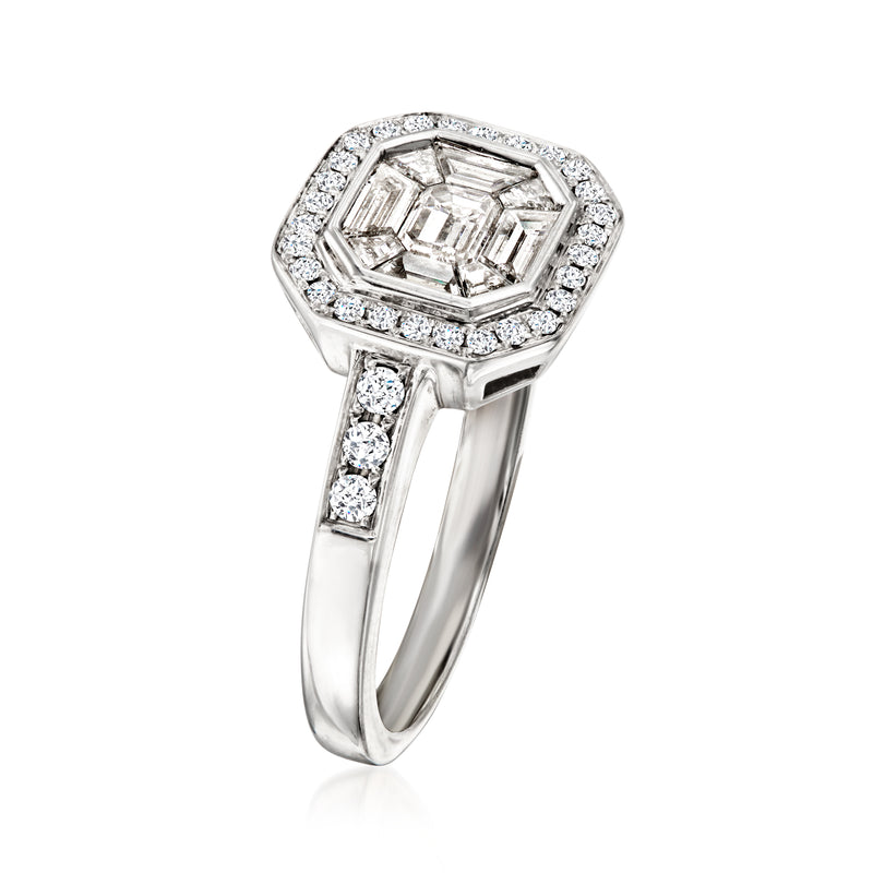 Diamond cluster ring, square emerald-cut center with halo, white gold prong setting