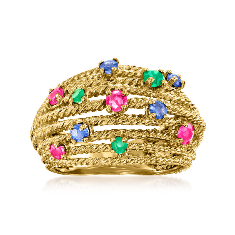 14k yellow gold braided ring with green, pink, and blue gemstones