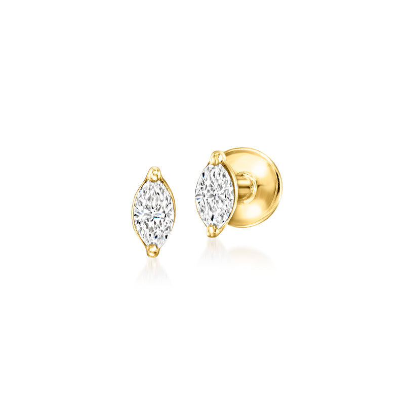 Marquise diamond flat-back stud earrings in 14kt yellow gold, marquise-cut stones.