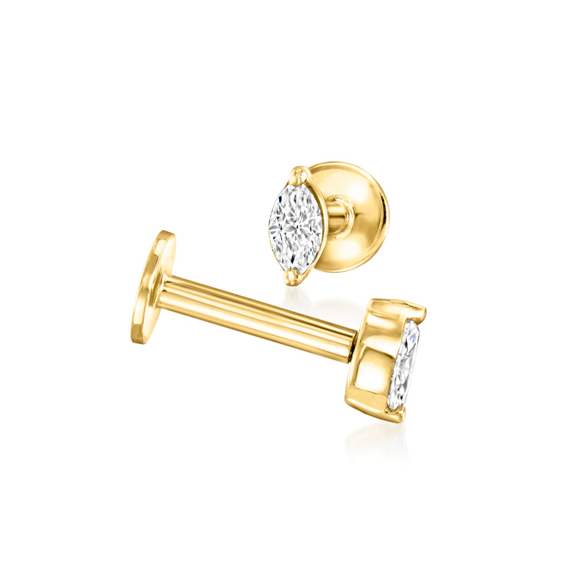 Marquise diamond stud earrings in 14kt yellow gold, marquise stones on flat backs.