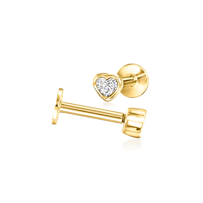 Heart-shaped lab-grown diamond flat-back stud earrings in 14kt yellow gold, angled view