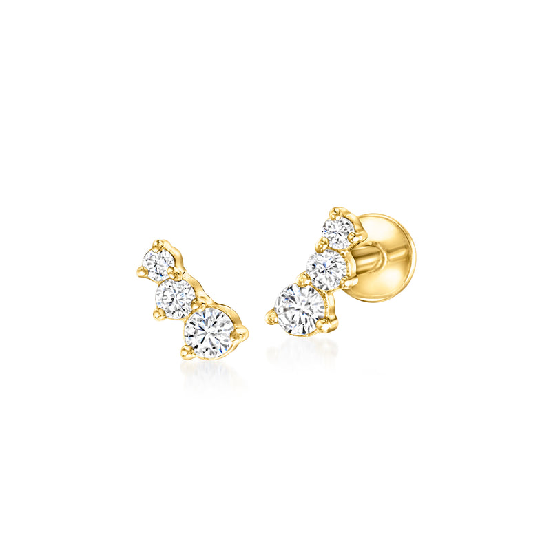 14kt yellow gold three-stone diamond stud earrings, graduated oval stones, flat backs