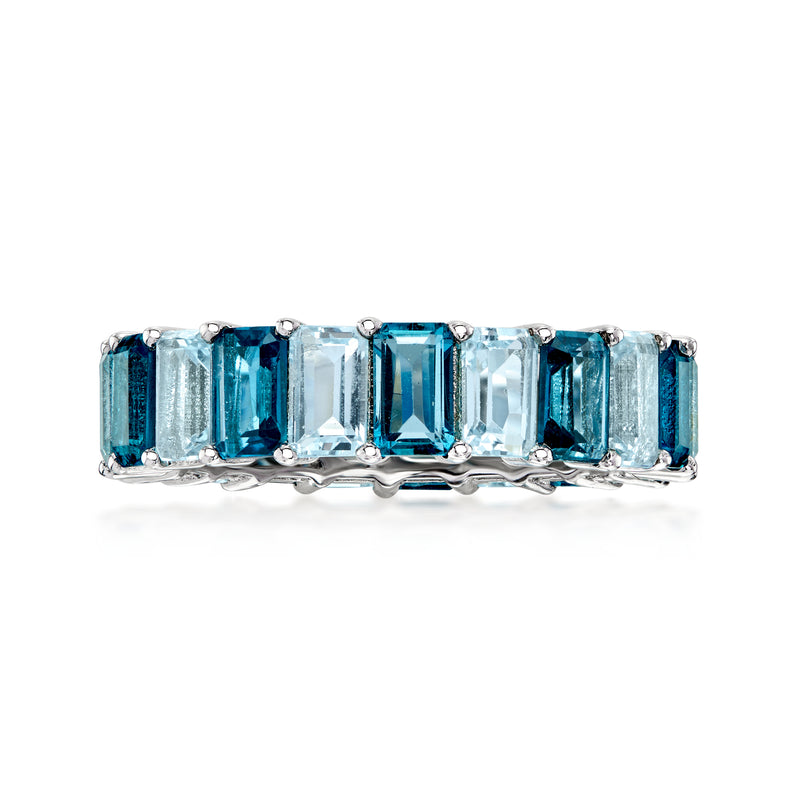 Sterling silver eternity band with baguette-cut London and sky blue topaz gemstones