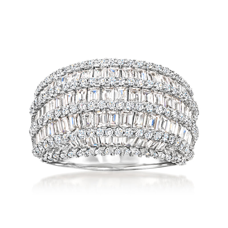 Sterling silver dome ring with clear baguette CZ stones, three rows