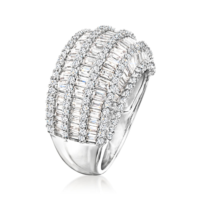 Sterling silver dome ring side view with clear baguette CZ rows and prong settings