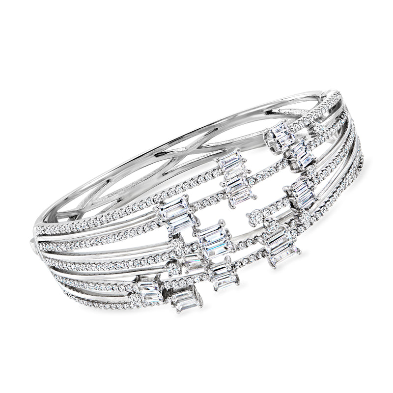 Sterling silver CZ multi-row bangle bracelet with baguette and round sparkle stones
