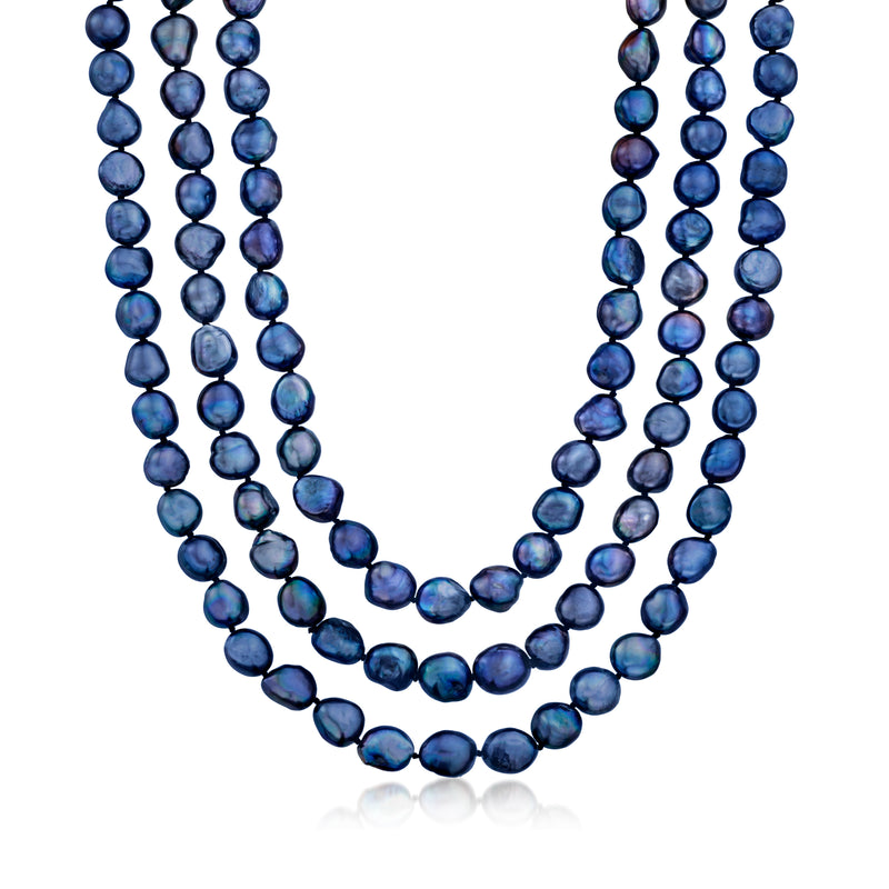 Long endless necklace with dark baroque cultured pearls in layered rope style