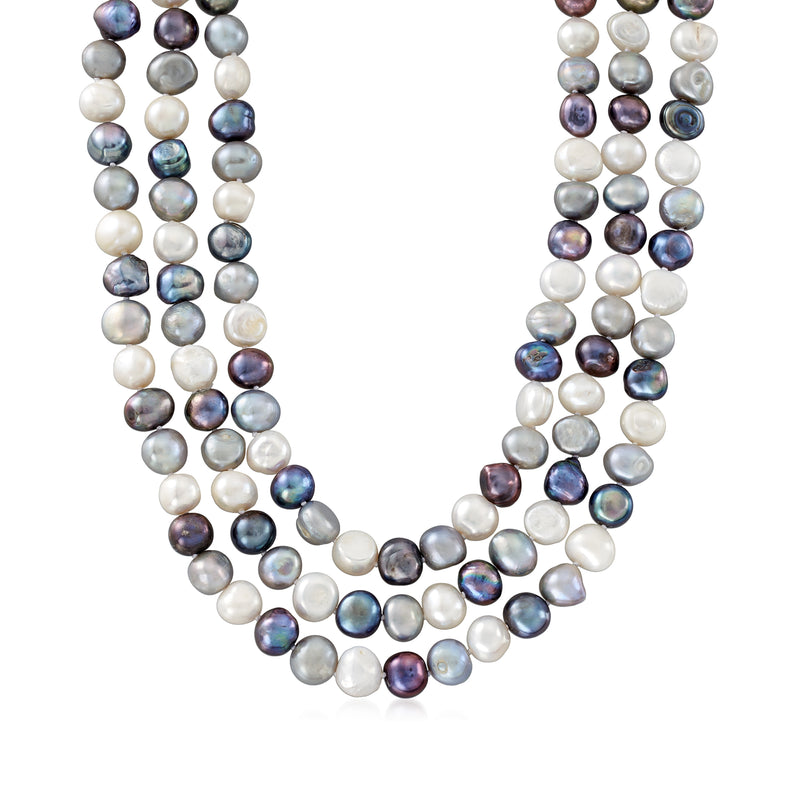Long endless cultured baroque pearl necklace with multicolored round drop pearls