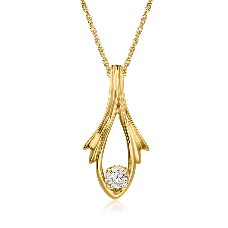 Vintage diamond pendant necklace in 14kt yellow gold, teardrop setting with round diamond