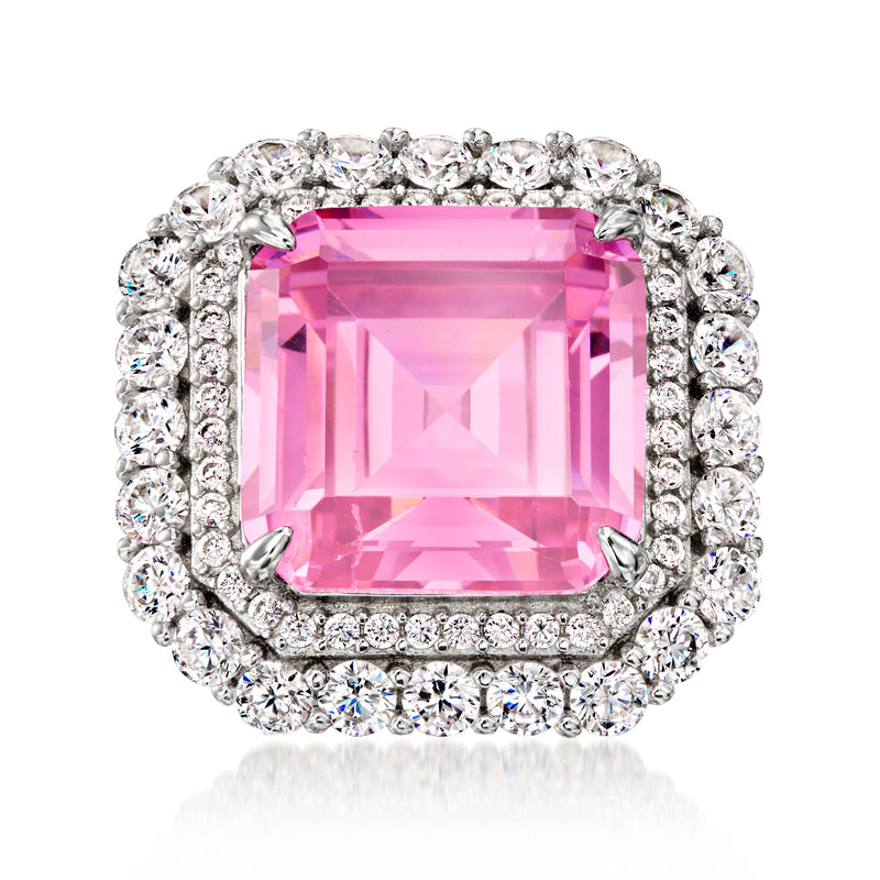 Sterling silver ring with pink square cushion simulated sapphire and CZ halo, side stones