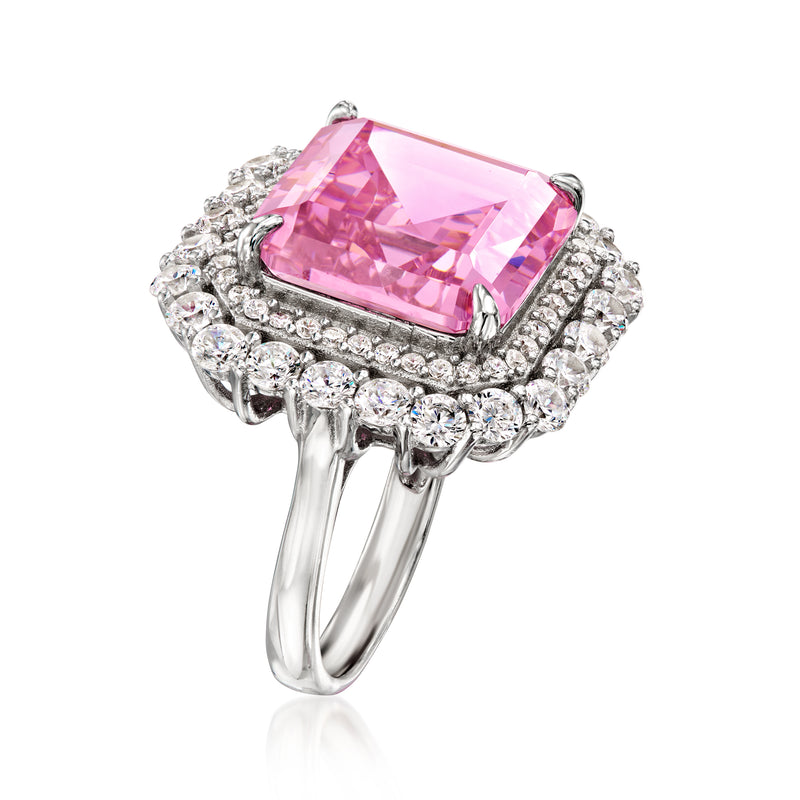 Pink simulated sapphire ring with halo CZs in sterling silver