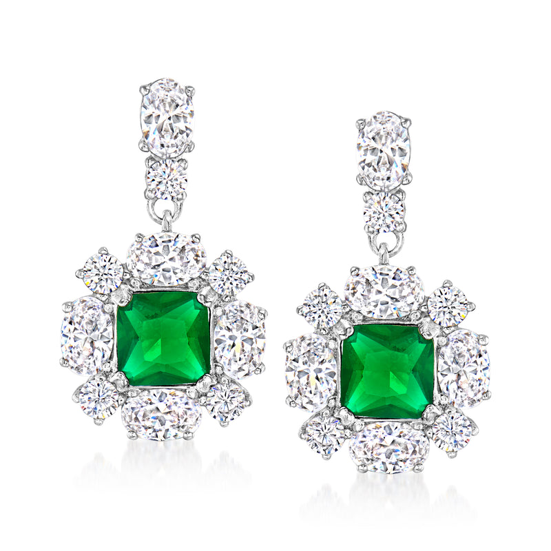 Sterling silver CZ drop earrings with green emerald-cut center and clear halo
