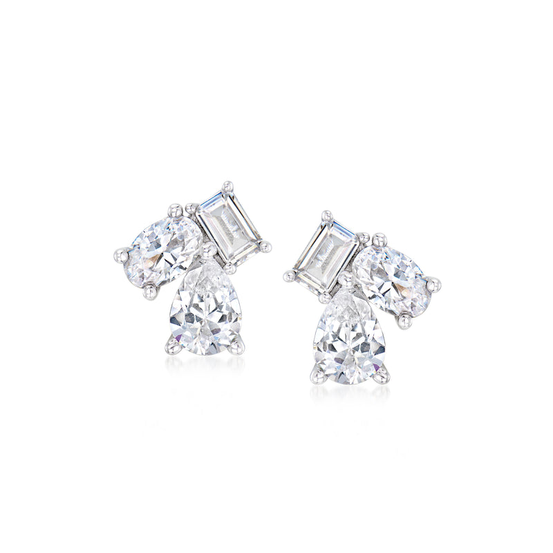 Sterling silver CZ cluster stud earrings with baguette and round clear stones