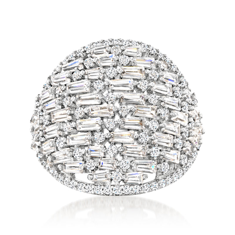 Sterling silver CZ dome ring with baguette-cut clear stones, prong-set clustered design