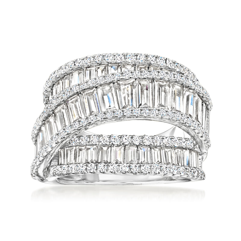 Sterling silver CZ highway ring with multi-row baguette crystals, curved three-band design