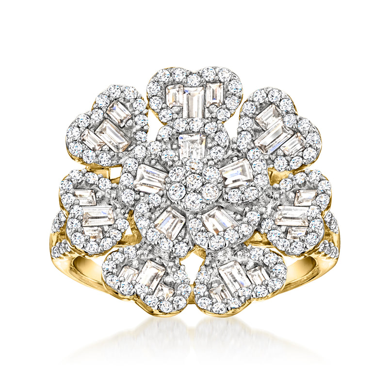 Gold over sterling CZ heart-petal flower cluster ring with round and baguette stones