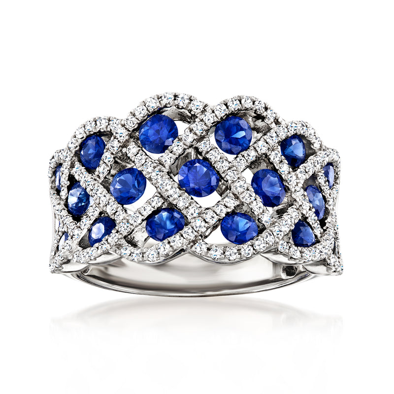 Vintage lattice sapphire and diamond ring, blue stones in 14kt white gold setting