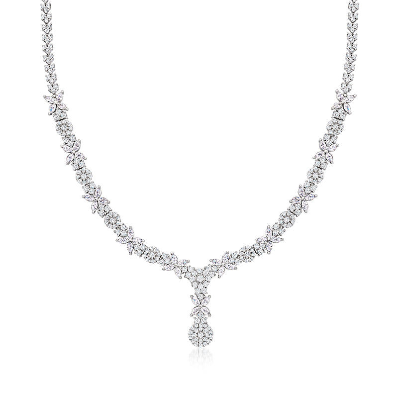 Sterling silver CZ floral Y-necklace with drop pendant and linked V links