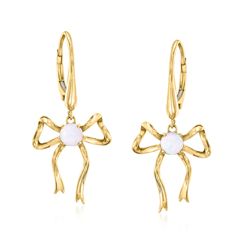 10kt yellow gold bow drop earrings with opalescent round stone, leverback style