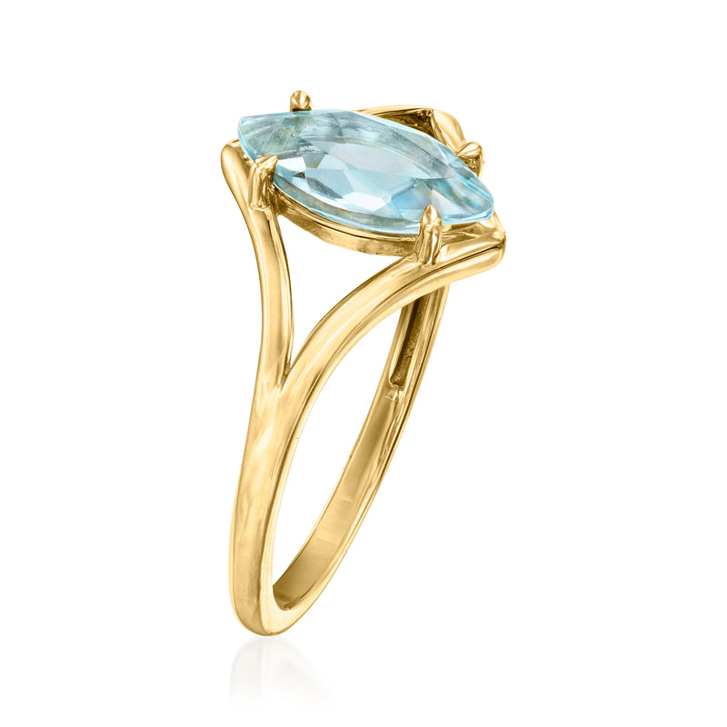 10kt yellow gold marquise sky blue topaz ring, angled side view, open band