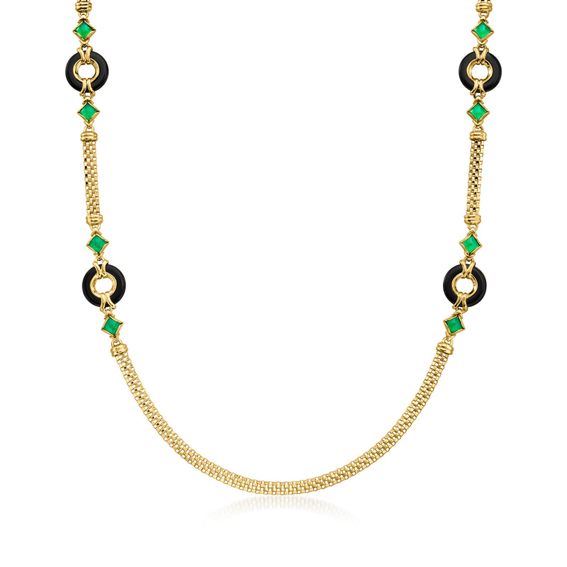 14kt yellow gold necklace with black onyx and green chalcedony bead links