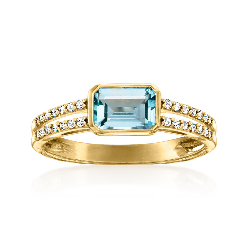 10kt yellow gold ring with square sky-blue topaz center and diamond halo