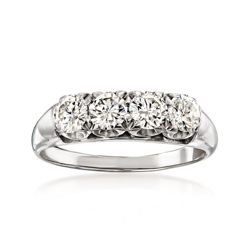14kt white gold diamond four-stone ring with round stones on polished band