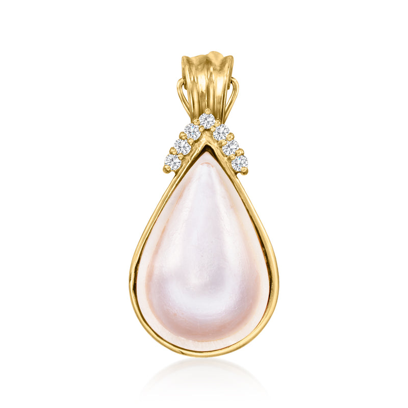 Vintage cultured mabe pearl teardrop pendant in 14kt yellow gold with diamond accents