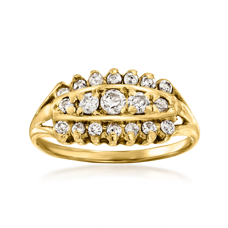Vintage three-row diamond ring in 14kt yellow gold with round brilliant stones