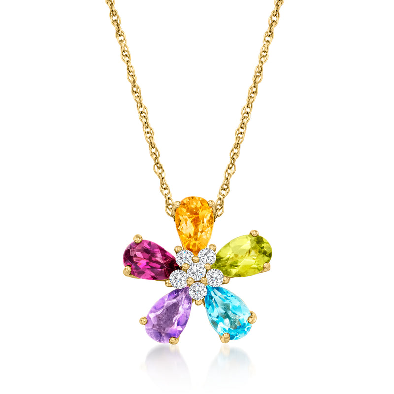 Multi-gemstone flower pendant necklace, 10k yellow gold chain with diamond accents