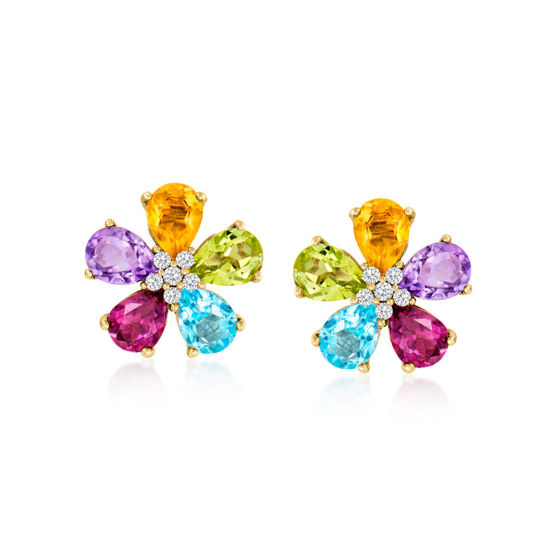 10kt yellow gold flower post earrings with purple, green, pink, and blue gemstones